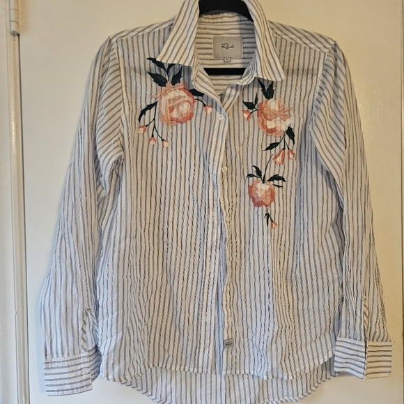 Rails Nevin Stripe Pink Floral Embroidered Top Sz M Button Up - Picture 3 of 6